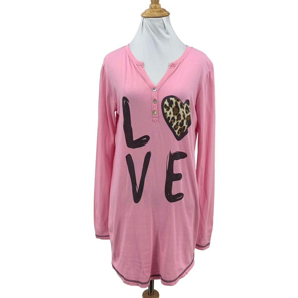 PJ Salvage Nightshirt Womens S Small Pink Henley Love Cheetah Heart Shirt Dress